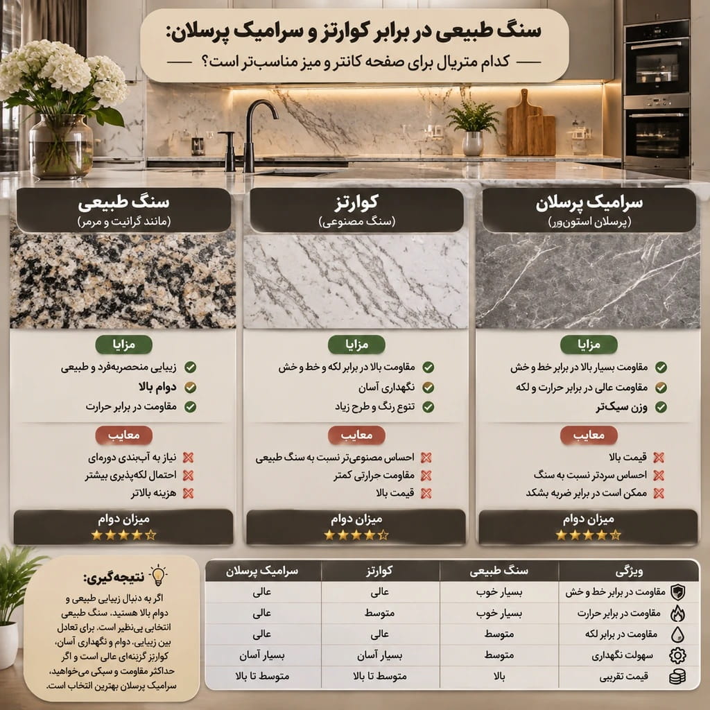 سنگ طبیعی در برابر کوارتز و سرامیک پرسلان؛ کدام برای صفحه کانتر و میز مناسب‌تره؟